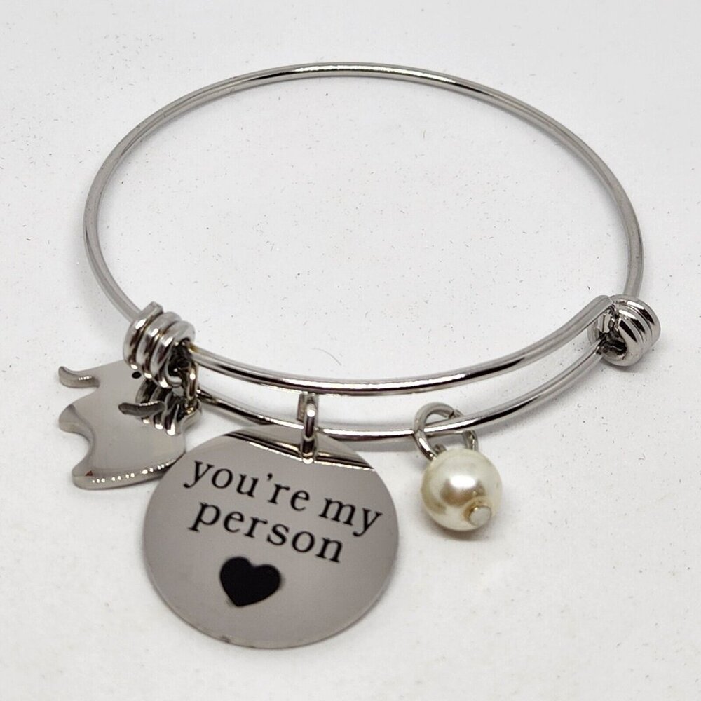 Bangle Charm Bracelet You Are My Person Elephant Pearl Silver Tone
